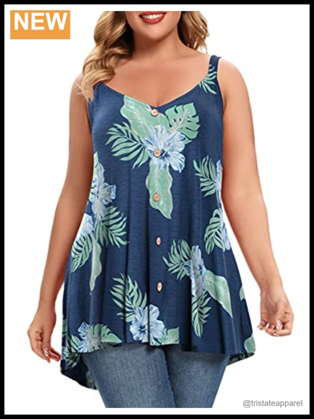Plus Size V-Neck Button Cami Tank Top Sleeveless Tunic Woman's Loose Fit Floral